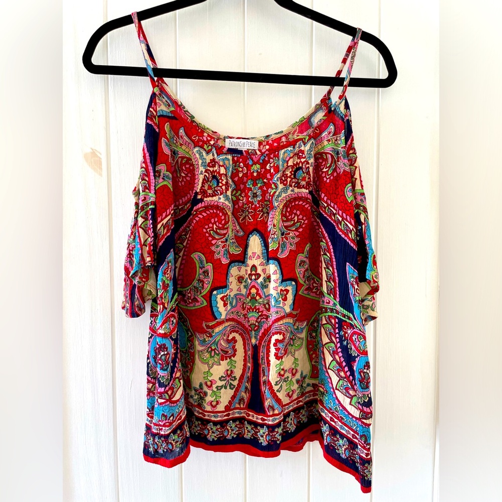 Colorful Patrons Of Peace Boho Paisley Cold Shoulder Top Blouse Size S